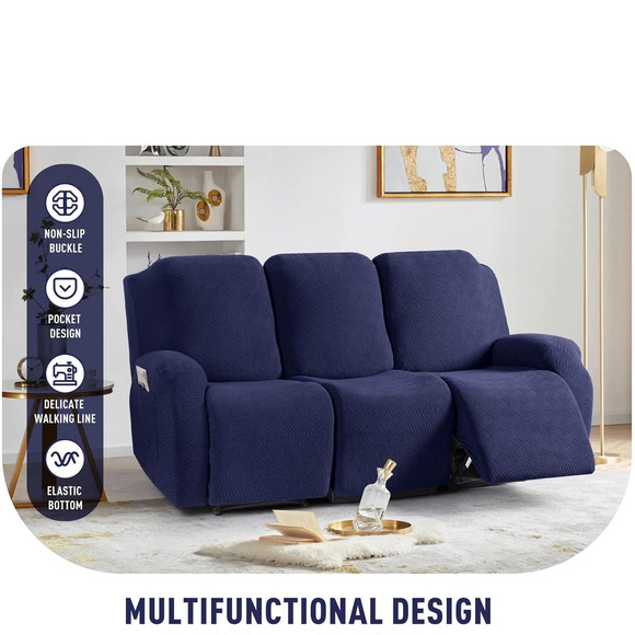 Furniture Recliner Sofa Slipcovers, Stripe Jacquard, (3 Seater, Dark Blue) - Picture 6 of 10